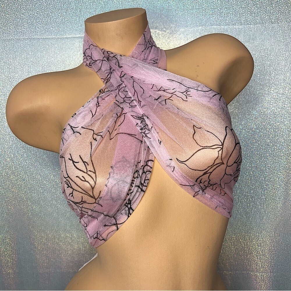 Beach coverup bathing suit top pink floral black flowers from Miami Florida 🎀